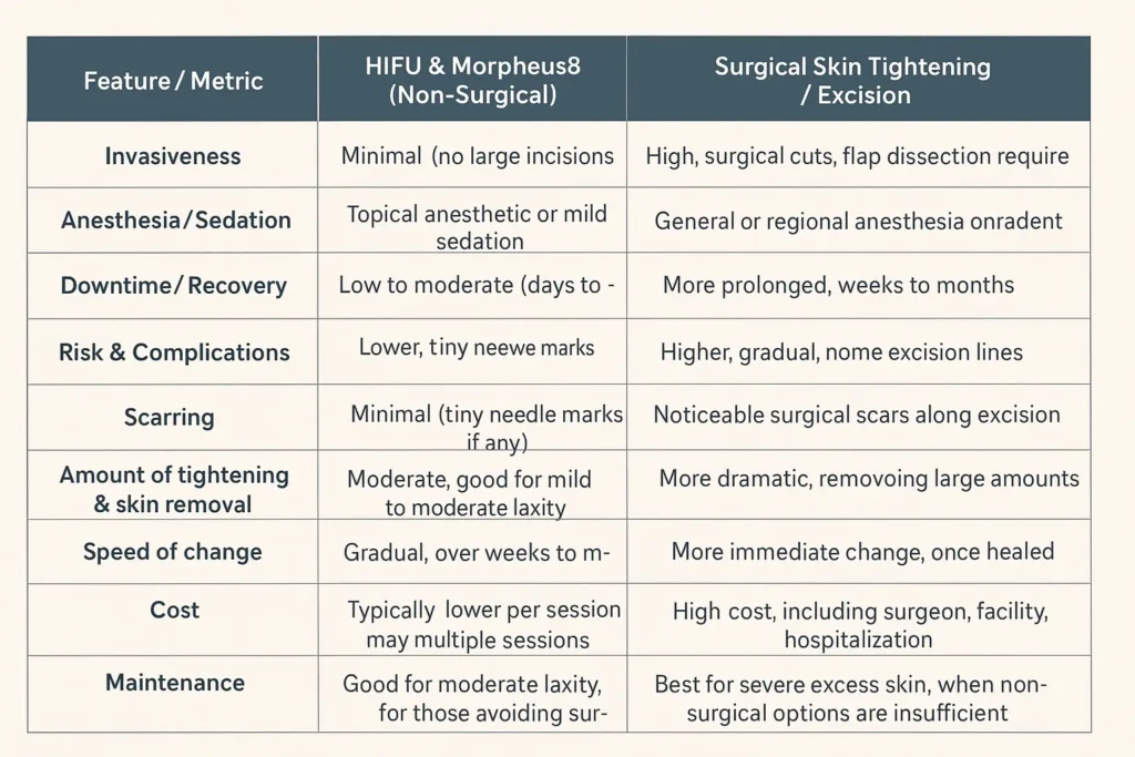 Table of skin tightening Sunbury-on-Thames benefits compared to surgical options
